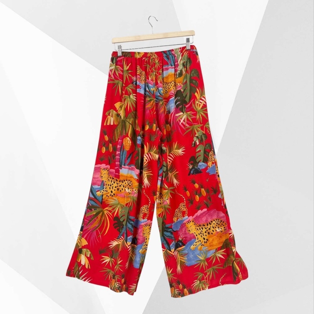 Cynthia Rowley Red Linen Tropical Cheetah Peplum Tank Wide Leg Pants Set M